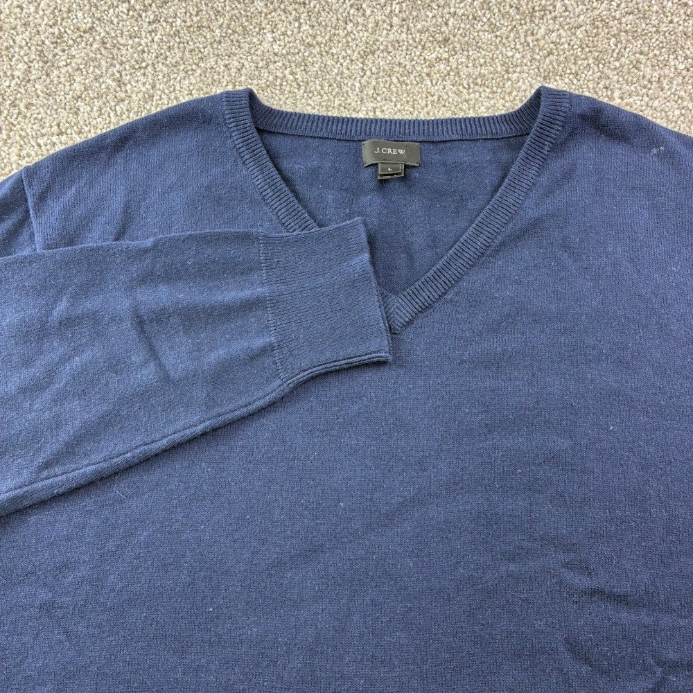 J Crew Mens Large V Neck Navy Blue Cotton Cashmere Sweater Preppy Career Casual